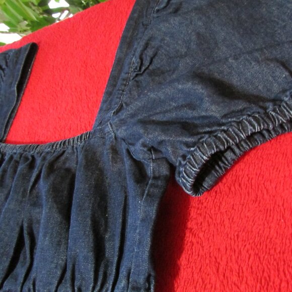 J. Crew Denim Square Neck Popover Mini Dress Puff Sleeves Cotton Linen - Picture 6 of 10